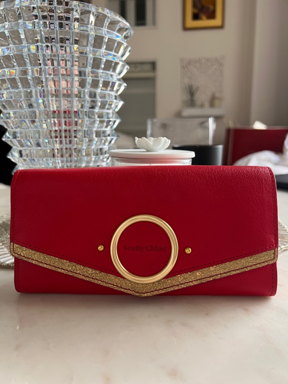 See By Chloe Red Leather Wallet with Gold Ring Detail